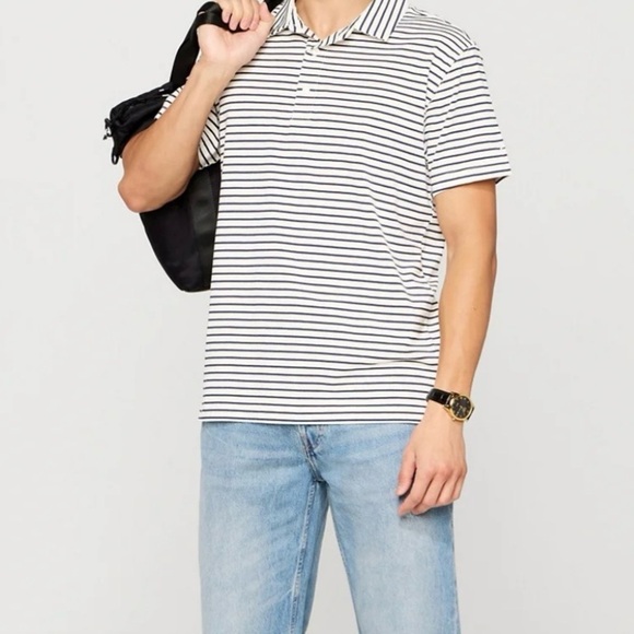 NWT, Fabletics Mens The 24/7 Breathable Polo in Deep Navy Shorline Stripe, Large - Picture 1 of 8